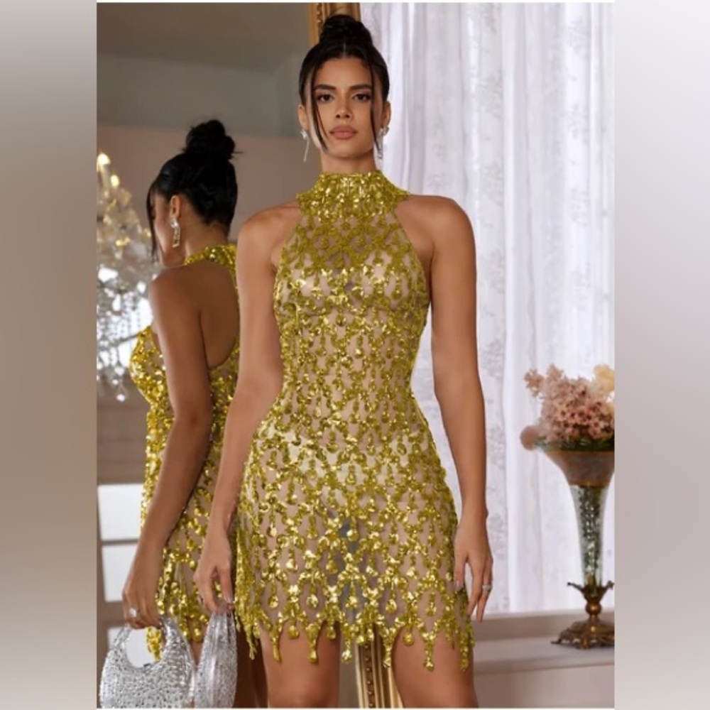 Elegant Gold Halter Dress
